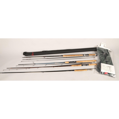 530 - Daiwa thirteen foot carbon fly rod, ten foot carbon fly rod, spinning rod, and another (4)