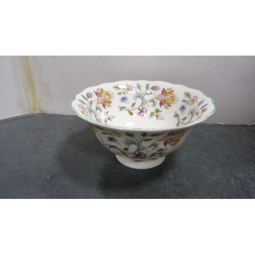 107 - Minton 'Haddon Hall' pattern octagonal faceted bowl, another similar bowl, sugar bowl and Coalport '... 