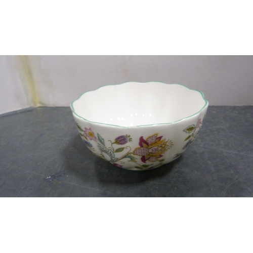 107 - Minton 'Haddon Hall' pattern octagonal faceted bowl, another similar bowl, sugar bowl and Coalport '... 