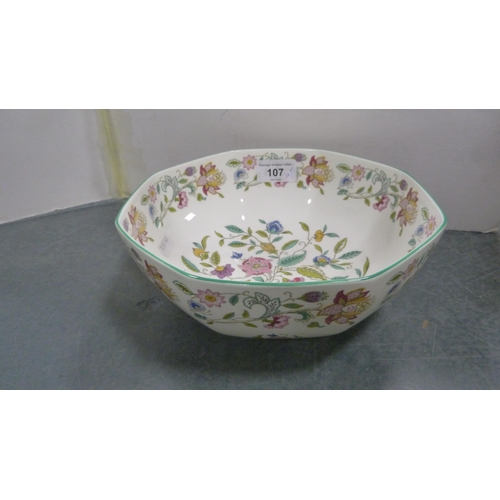 107 - Minton 'Haddon Hall' pattern octagonal faceted bowl, another similar bowl, sugar bowl and Coalport '... 