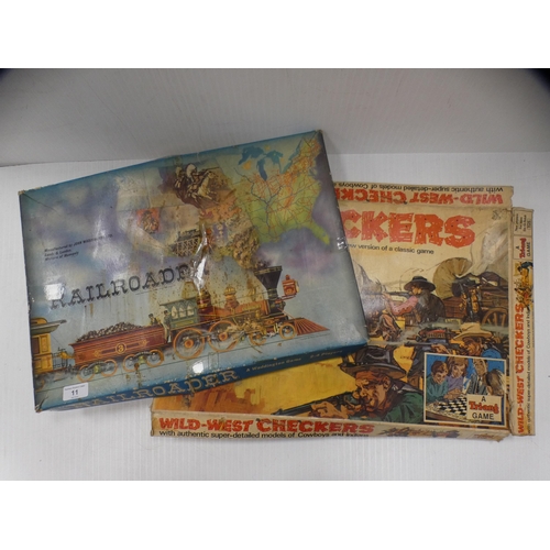 11 - Wild West checkers game and a Railroader game, both boxed.