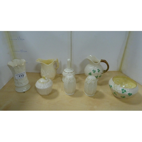 112 - Group of Belleek porcelain in the Irish Clover style to include cream jug, sugar bowl etc., also cab... 