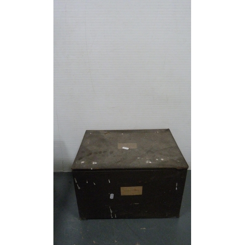 120 - Metal hat box, painted box, box containing ice skates, and a carton containing toys and games.