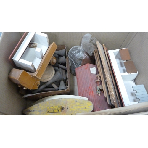 120 - Metal hat box, painted box, box containing ice skates, and a carton containing toys and games.