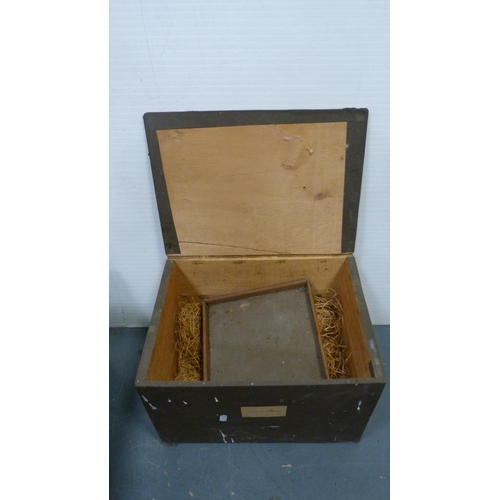 120 - Metal hat box, painted box, box containing ice skates, and a carton containing toys and games.