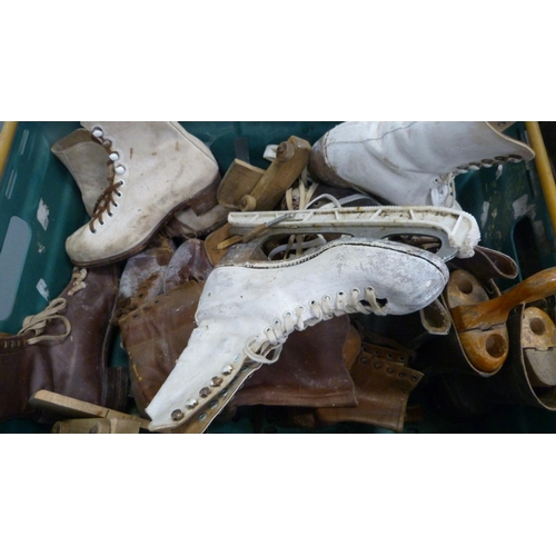 120 - Metal hat box, painted box, box containing ice skates, and a carton containing toys and games.