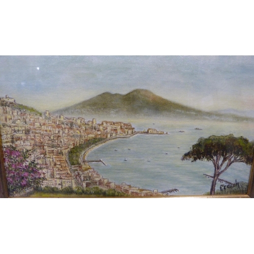 143 - Two Italian views of Naples, another, framed watercolour of two children rockpooling and another.