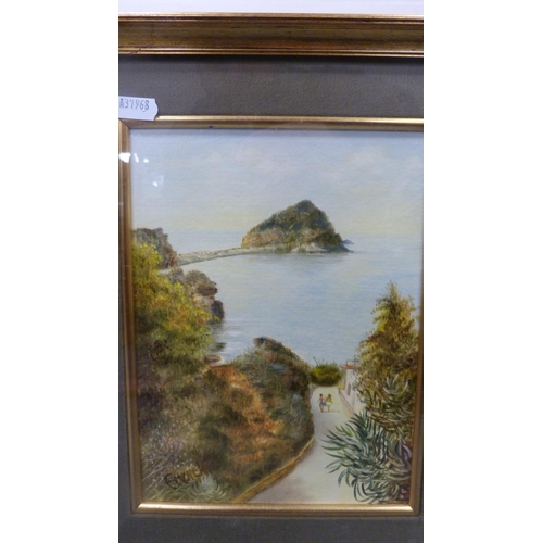 143 - Two Italian views of Naples, another, framed watercolour of two children rockpooling and another.