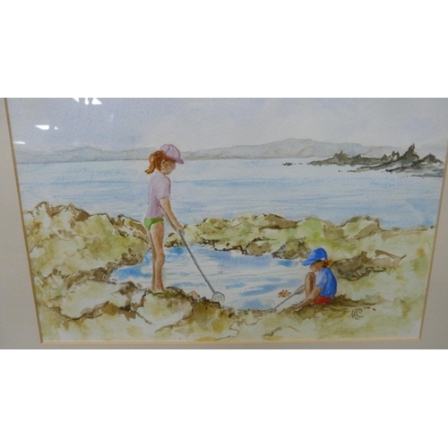 143 - Two Italian views of Naples, another, framed watercolour of two children rockpooling and another.