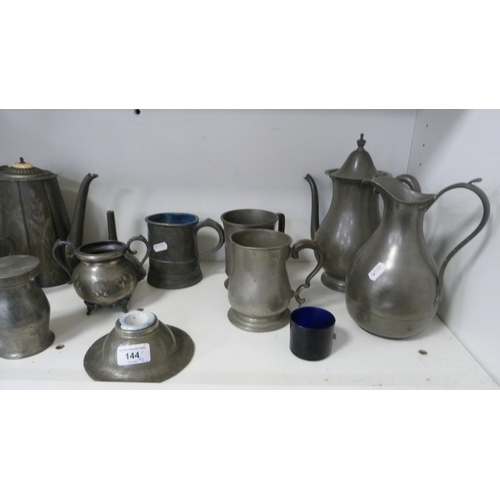 144 - Assorted pewter to include tankards, teapot, water jug, inkwell inscribed 'HW' (Probably Hugh Wallis... 