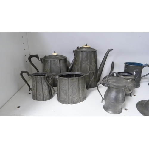 144 - Assorted pewter to include tankards, teapot, water jug, inkwell inscribed 'HW' (Probably Hugh Wallis... 