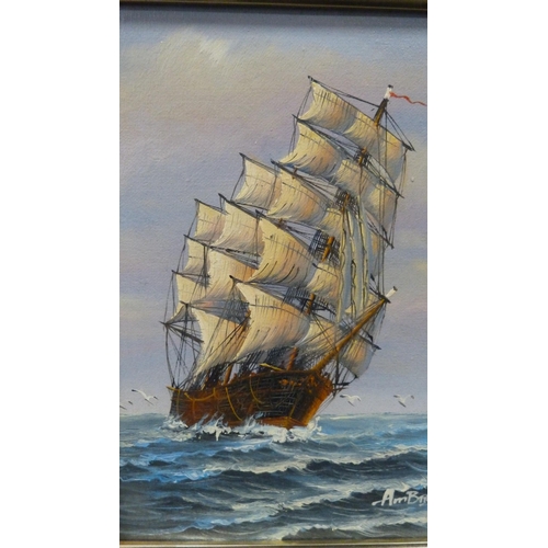 149 - Reproduction picture of a galleon, shooting stick and a briefcase (one shelf).