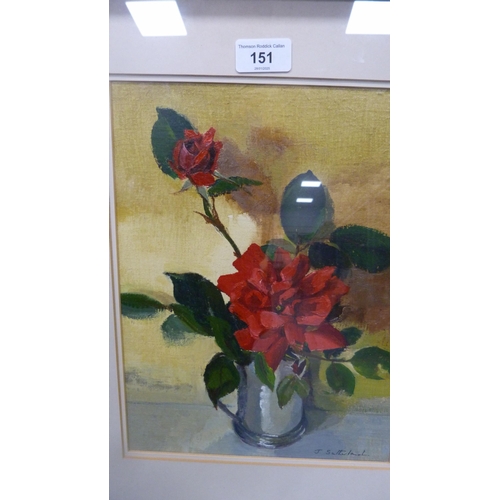 151 - Joan SutherlandStill life of roses in a tankardOil on board.