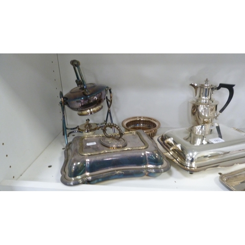 161 - EP and plated ware to include spirit kettle on stand, water pot, wine slide, entrée dishes, c... 