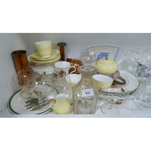 166 - Wedgwood teawares, champagne glasses, Royal Doulton chocolate pot, copper wares, cabinet plates, gla... 