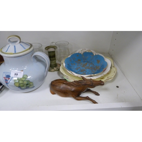 167 - Carlton Ware Rouge Royale dish, pair of bird decorated plates, and other decorative items (one shelf... 