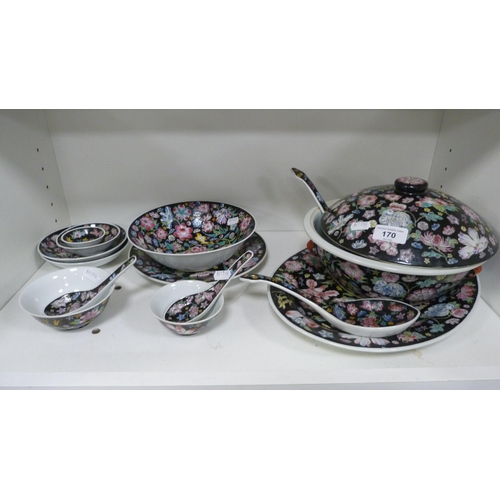 170 - Reproduction Chinese mille noir pattern tablewares to include tureen, platter, ladles, rice bowls, d... 