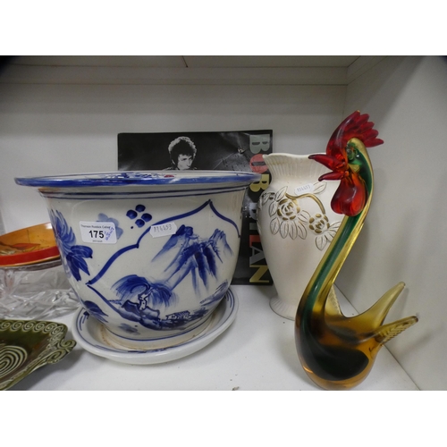 175 - Chinese-style planter on stand, crystal bowl, crystal glasses, ornament, Bob Dylan album, collector'... 