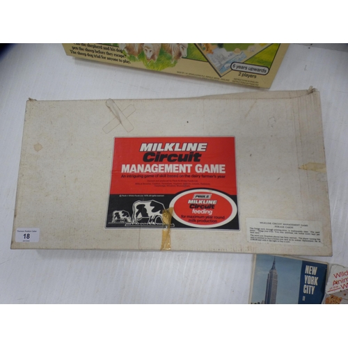 18 - Milkline management game, shepherd and dog game, jigsaw, Viewmaster reels and tractor badges.