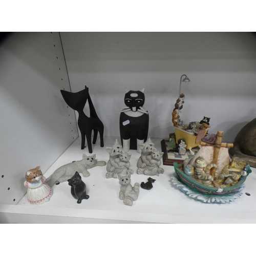 181 - Large collection of assorted cat ornaments and collectables (three shelves).