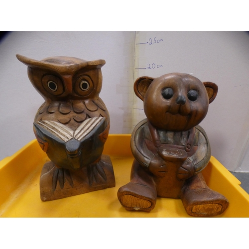 201 - Two cartons containing cat and animal-related ornaments to include a wooden owl etc.