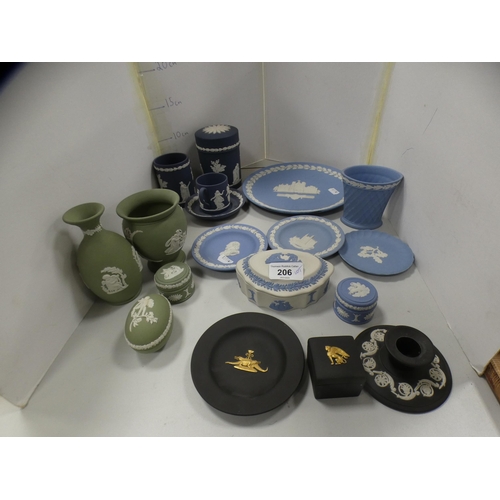 206 - Group of Wedgwood Jasper ware to include plate, dishes, cobalt-coloured cup, spill vase and cover, s... 