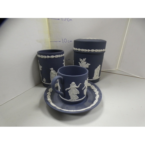 206 - Group of Wedgwood Jasper ware to include plate, dishes, cobalt-coloured cup, spill vase and cover, s... 