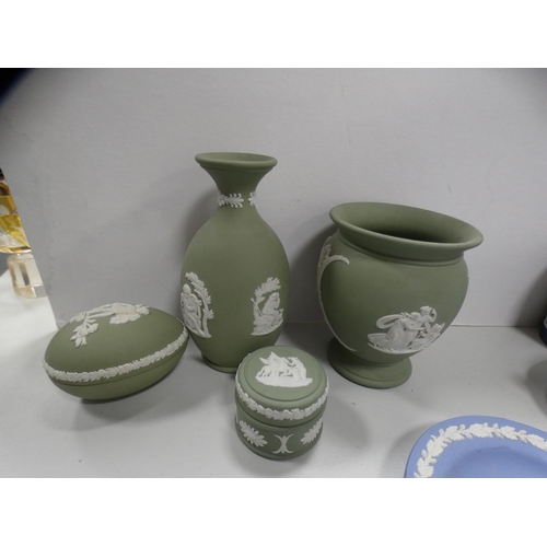 206 - Group of Wedgwood Jasper ware to include plate, dishes, cobalt-coloured cup, spill vase and cover, s... 