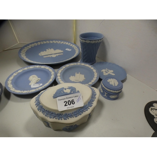 206 - Group of Wedgwood Jasper ware to include plate, dishes, cobalt-coloured cup, spill vase and cover, s... 