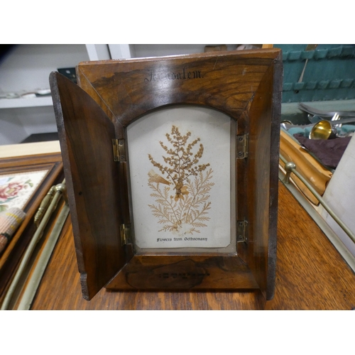 209 - Victorian walnut brass-bound writing slope, an antique burr walnut photograph frame, marked 'Jerusal... 