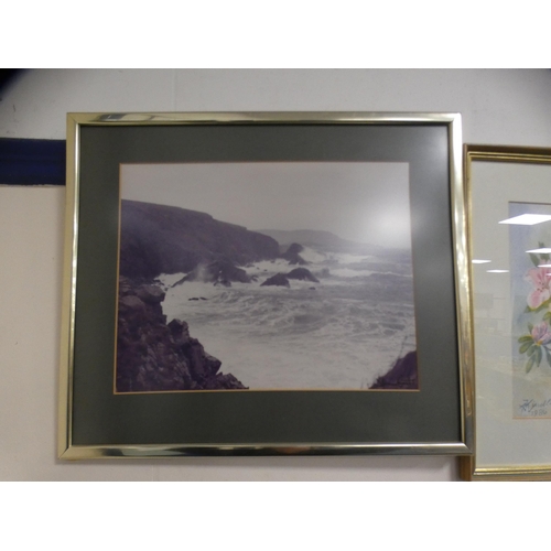 213 - Contemporary unsigned abstract picture, still life watercolour and a photograph of crashing waves.&n... 