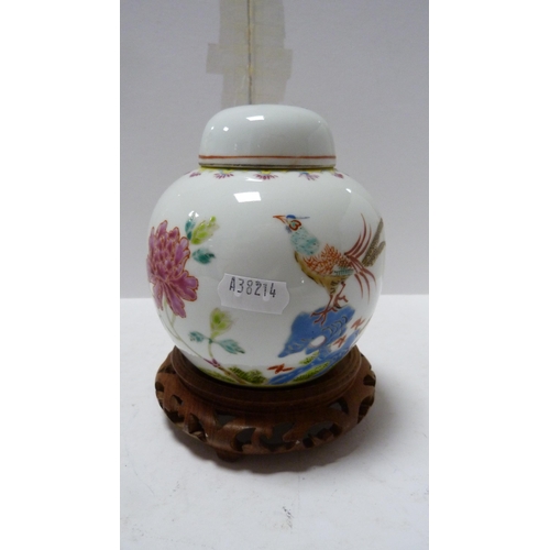 218 - Chinese famille rose gu-shaped spill vase, later Chinese famille rose oviform ginger jar and cover, ... 