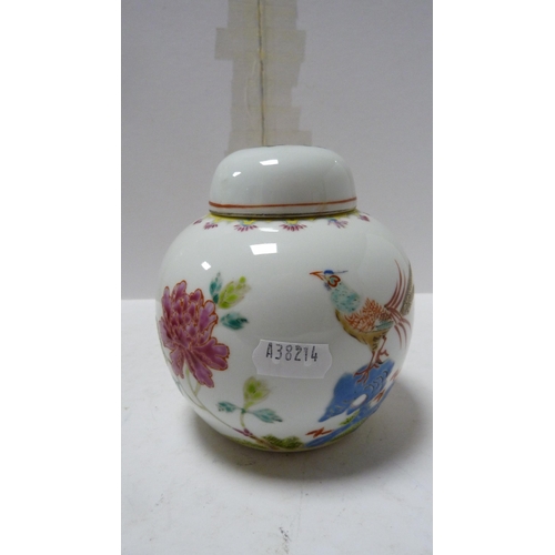 218 - Chinese famille rose gu-shaped spill vase, later Chinese famille rose oviform ginger jar and cover, ... 