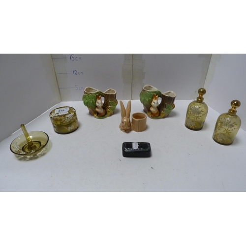 229 - Part glass dressing table set to include perfume bottles, jar and cover and ring stand, also a Victo... 