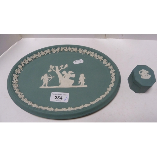 234 - Group of coloured Wedgwood Jasper ware to include a turquoise oval dish, box and cover, brown oval b... 