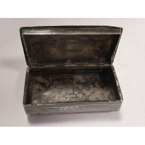 258 - Georgian silver snuff box, maker's mark TN, engraved to the front 1832, 20g.