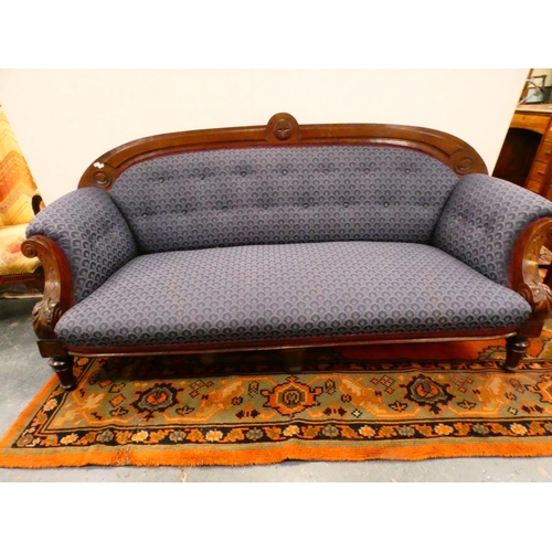 301 - Victorian mahogany-framed parlour sofa with scroll back and scroll arms, on turned and reeded suppor... 