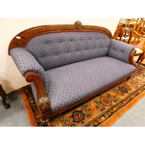 301 - Victorian mahogany-framed parlour sofa with scroll back and scroll arms, on turned and reeded suppor... 