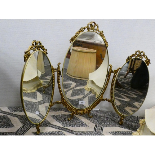 306 - Tri-plate dressing mirror and assorted lampshades.