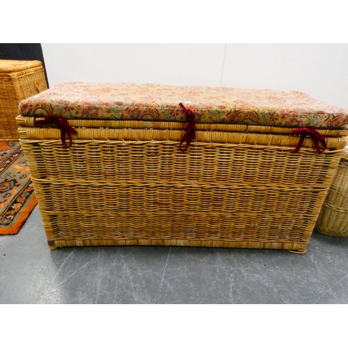 308 - Wicker laundry basket with a padded top, another laundry basket and a letterpress block rack.