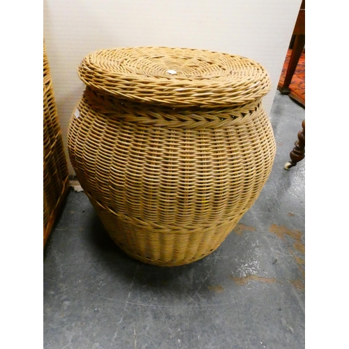 308 - Wicker laundry basket with a padded top, another laundry basket and a letterpress block rack.