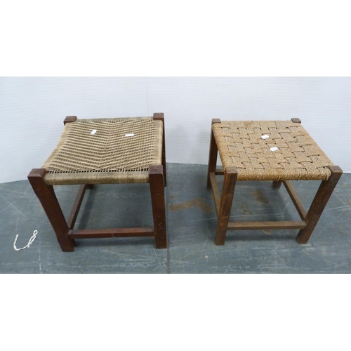 312 - Rush-seated ladder-back antique chair and two woven stools.  (3)