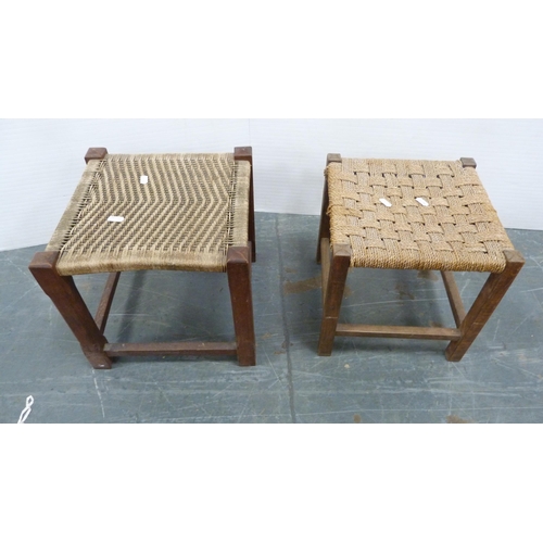 312 - Rush-seated ladder-back antique chair and two woven stools.  (3)