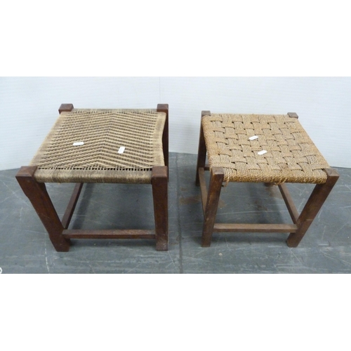 312 - Rush-seated ladder-back antique chair and two woven stools.  (3)