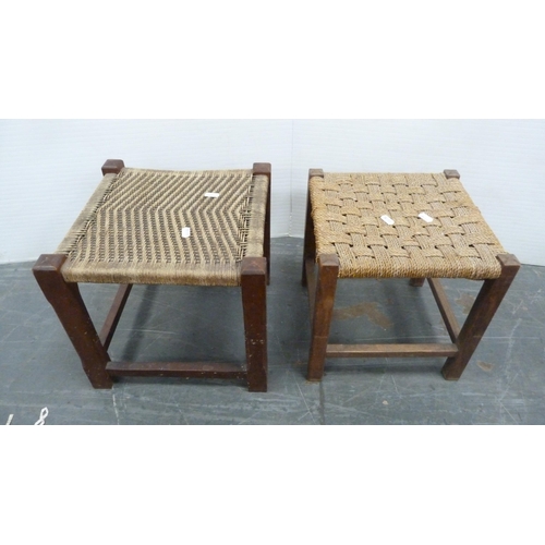 312 - Rush-seated ladder-back antique chair and two woven stools.  (3)