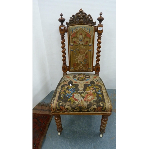 315 - Victorian mahogany hall-type chair with stuff-over embroidered back rest and seat, on barley twist s... 