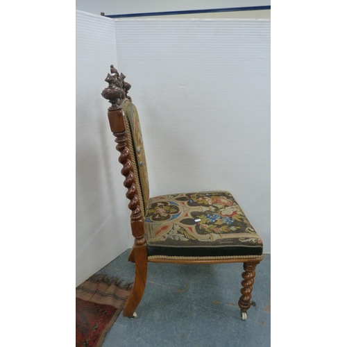 315 - Victorian mahogany hall-type chair with stuff-over embroidered back rest and seat, on barley twist s... 