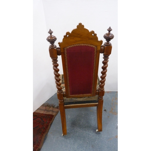 315 - Victorian mahogany hall-type chair with stuff-over embroidered back rest and seat, on barley twist s... 