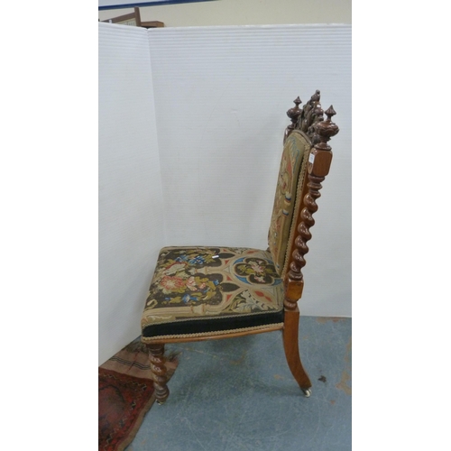 315 - Victorian mahogany hall-type chair with stuff-over embroidered back rest and seat, on barley twist s... 