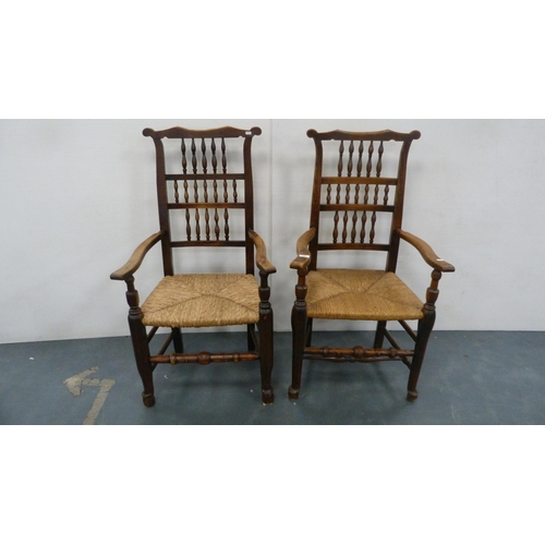 326 - Set of eight Lancashire-style ash dining chairs, c. early 20th century, with bobbin supports and rus... 